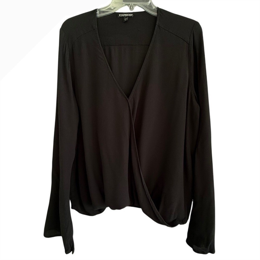 EXPRESS Black Blouse, Draped Faux-Wrap Front, Long Sleeves, Size Large